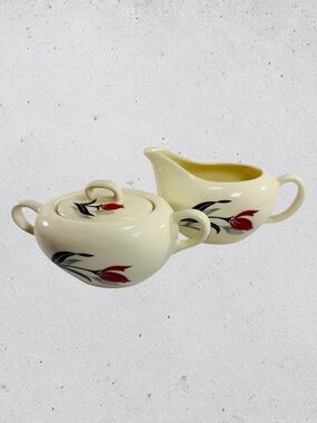 Vintage MCM Pottery Red Tulip Creamer Sugar Bowl Lid Black Leaf Kitchen Dining